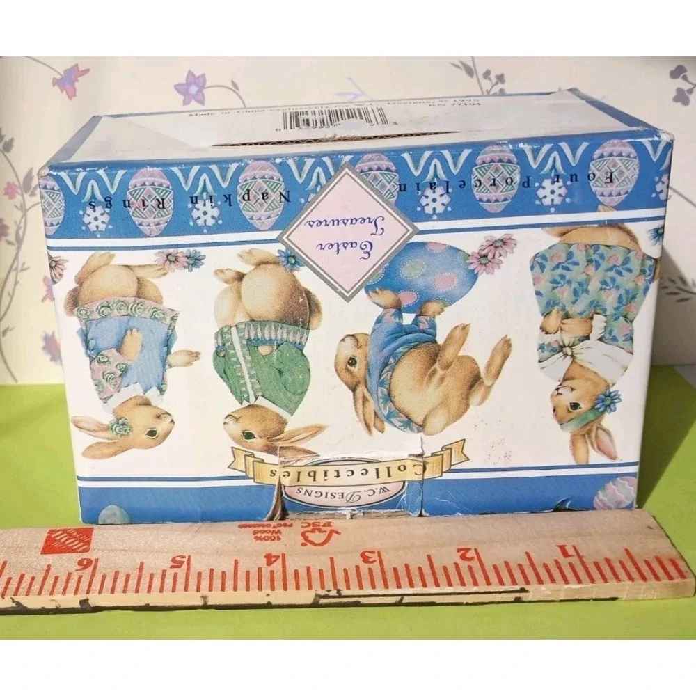 Vtg Bunny Rabbit Napkin Rings Boy‎ Girl Easter Spring Table Decor 4 pc Bisque